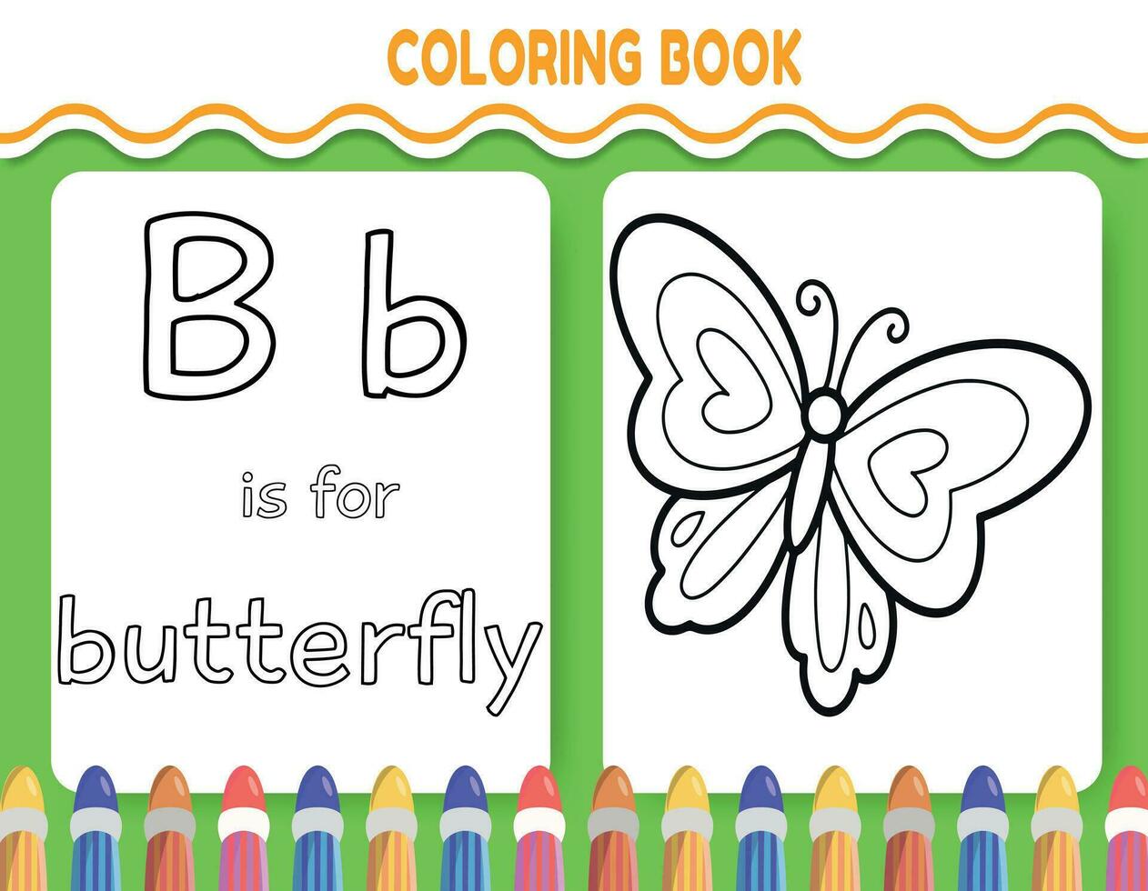 niños alfabeto colorante libro página con resumido clipart a color. el letra si es para mariposa. vector