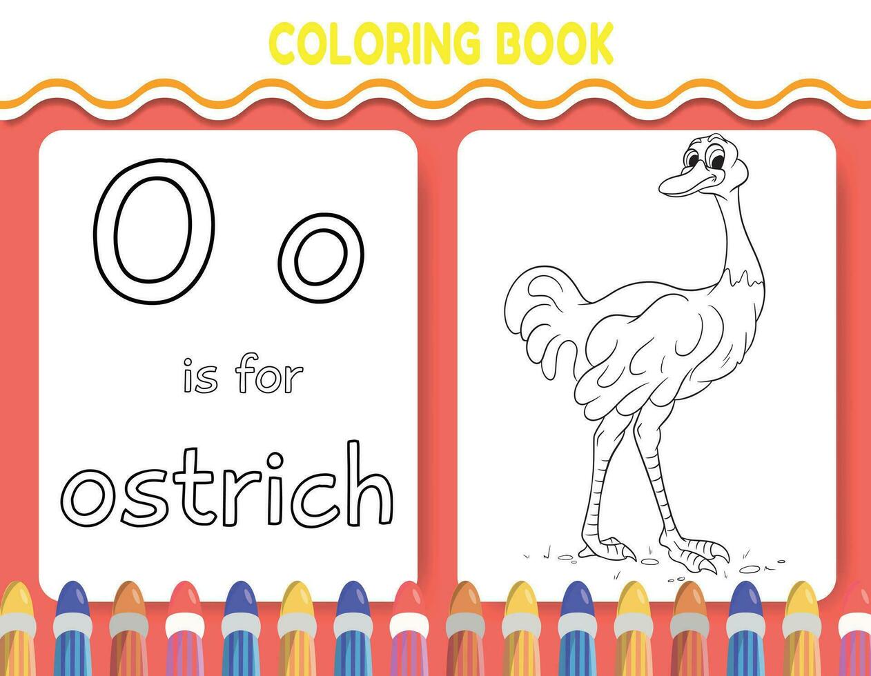 Kids alphabet coloring book page with outlined clipart to color. The letter O is for ostrich. vector
