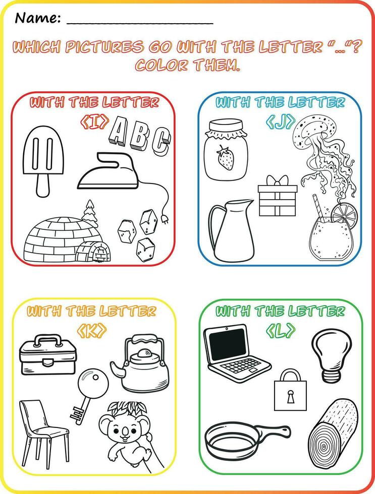 Early reading and writing worksheet Reading pictures, Coloring, Identifying objects, Learning the alphabet, Learning the letters I, J, K, and L, Practicing letter sounds. vector