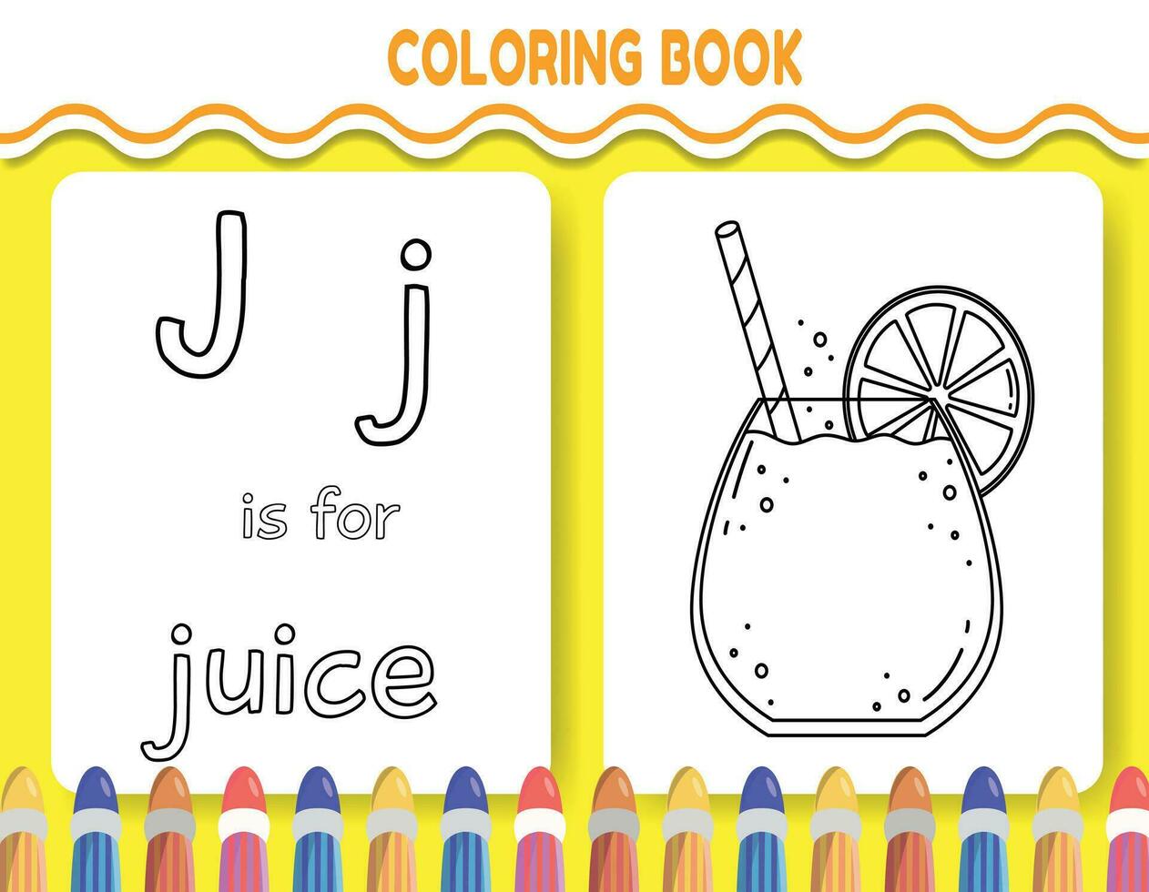 Kids alphabet coloring book page with outlined clipart to color. The letter J is for juice. vector