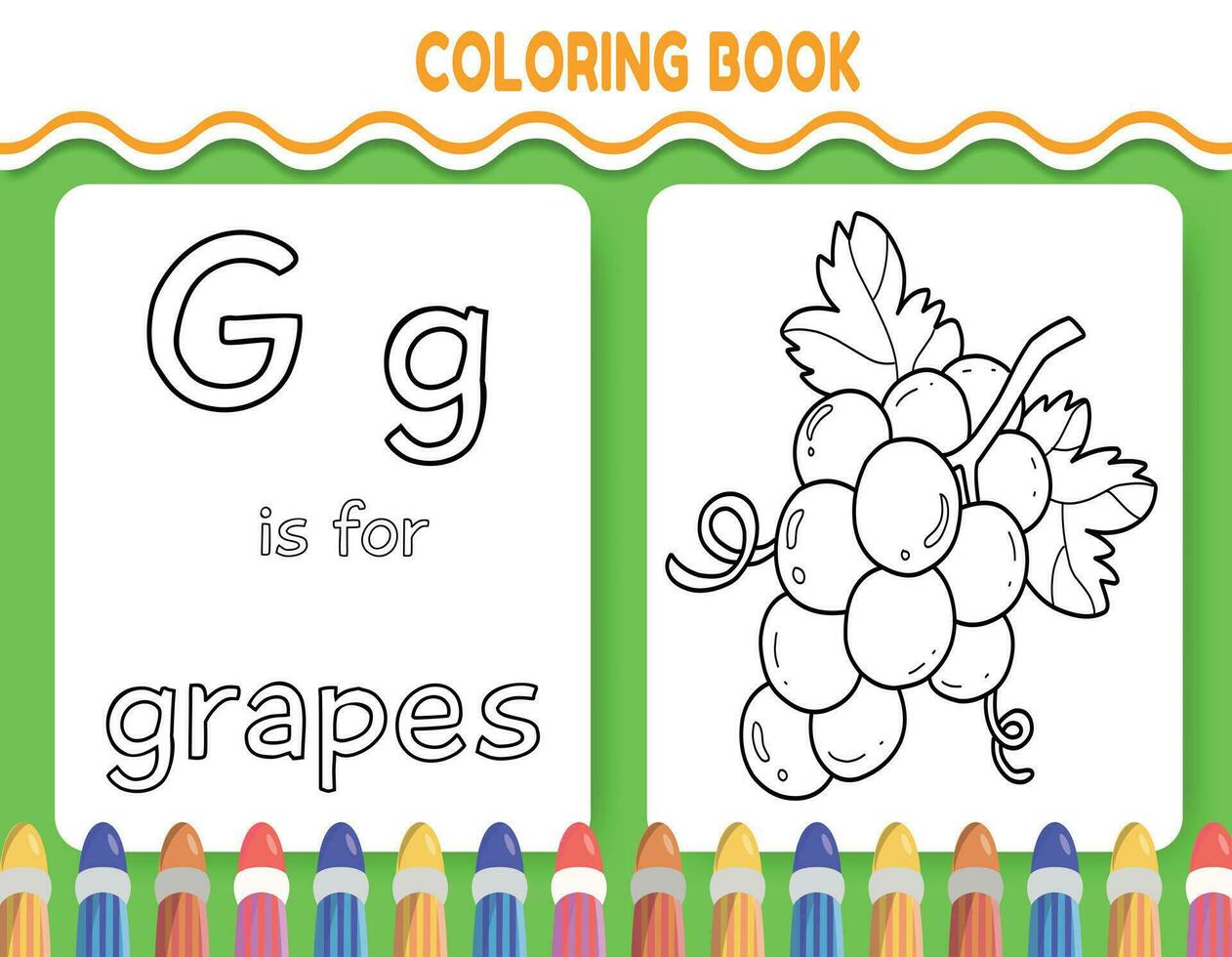 niños alfabeto colorante libro página con resumido clipart a color. el letra sol es para uvas. vector