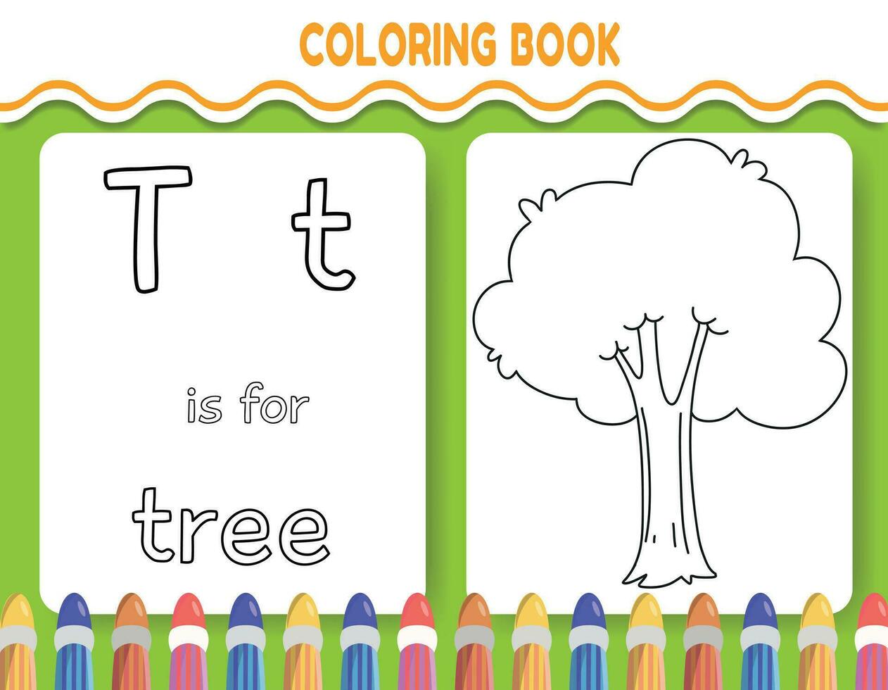 Kids alphabet coloring book page with outlined clipart to color. The letter T is for tree. vector