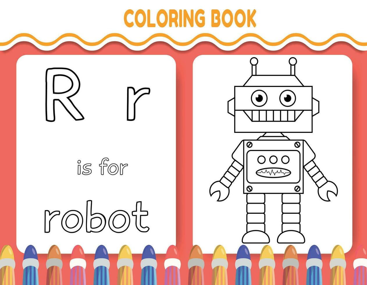 Kids alphabet coloring book page with outlined clipart to color. The letter R is for robot. vector