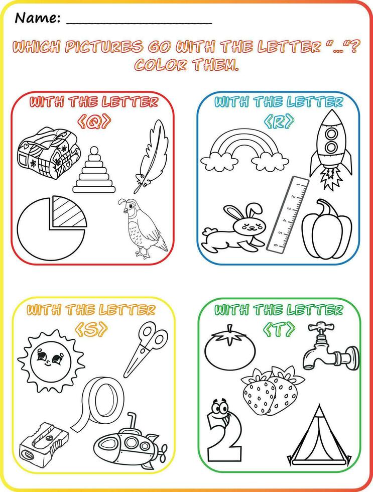 Early reading and writing worksheet Reading pictures, Coloring, Identifying objects, Learning the alphabet, Learning the letters Q, R, S, and T, Practicing letter sounds. vector