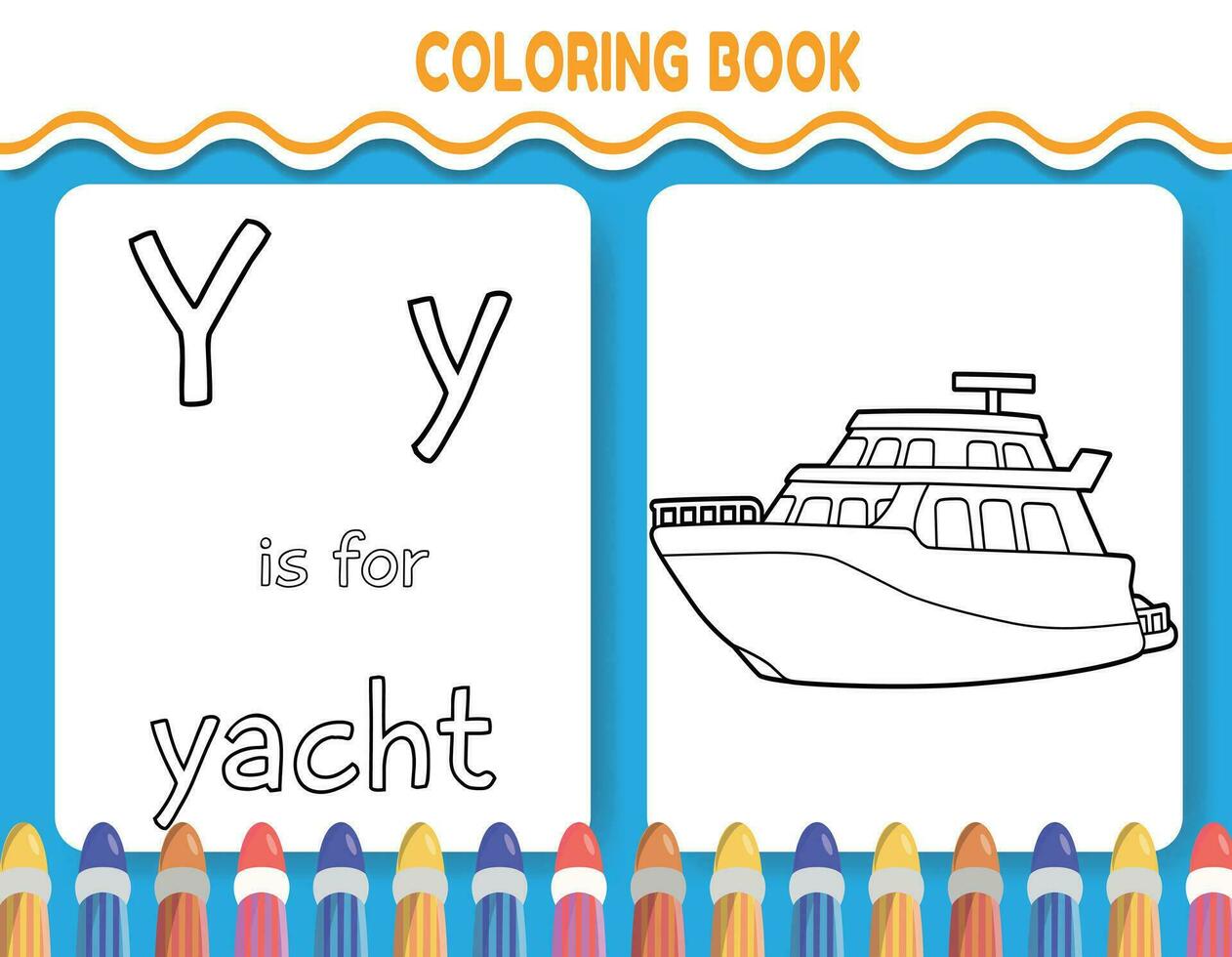 Kids alphabet coloring book page with outlined clipart to color. The letter Y is for yacht. vector