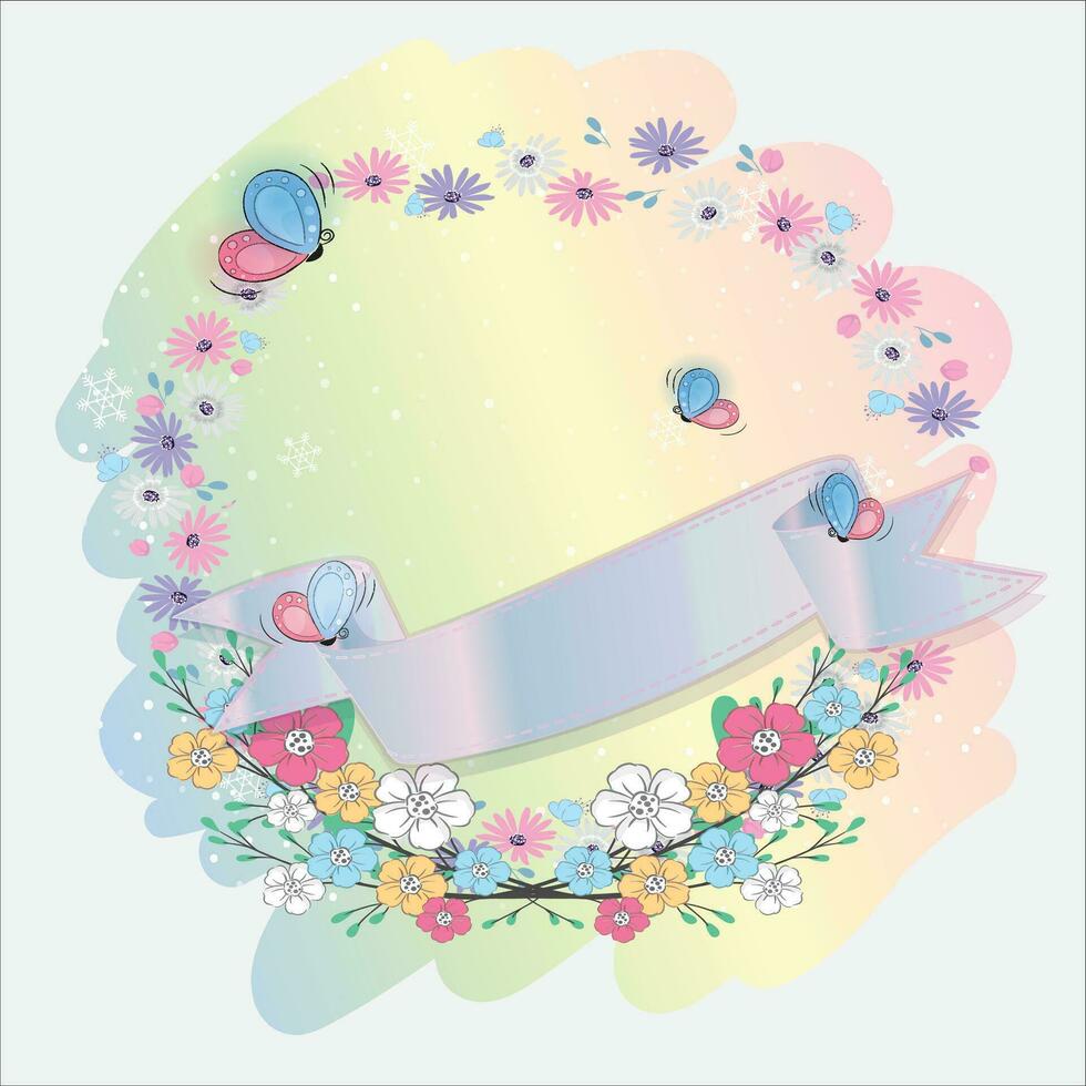 Cute vector dreamy rainbow color background with colorful banner and flowers