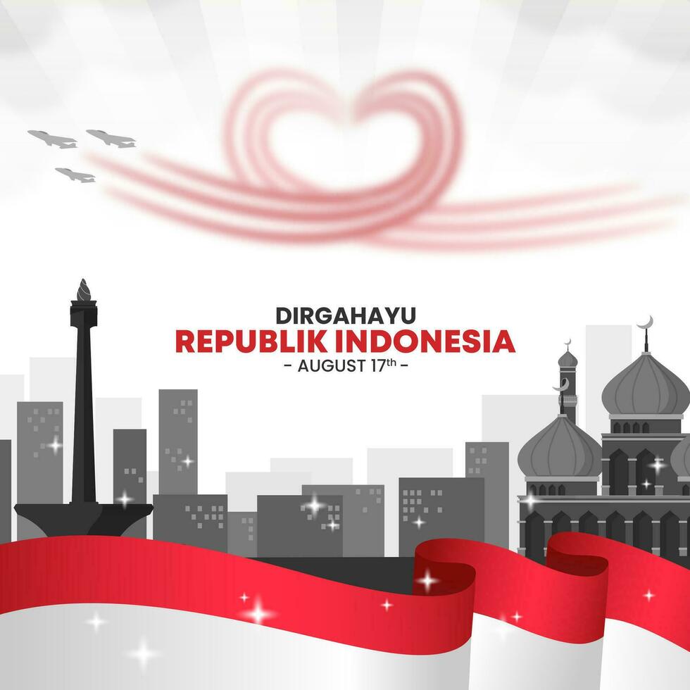 Square Dirgahayu Republik Indonesia background with acrobatic jet planes and silhouette of buildings vector