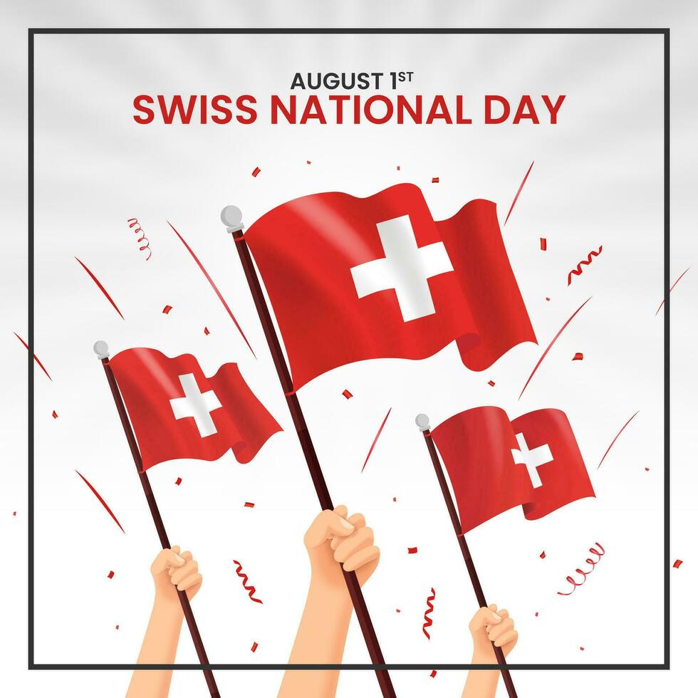 cuadrado suizo nacional día antecedentes con manos y ondulación banderas vector