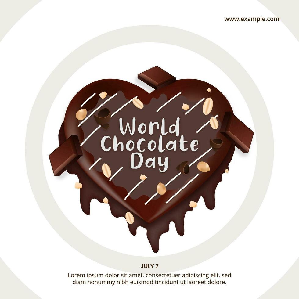 Square world chocolate day background with a delicious chocolate nut cake on a plate vector