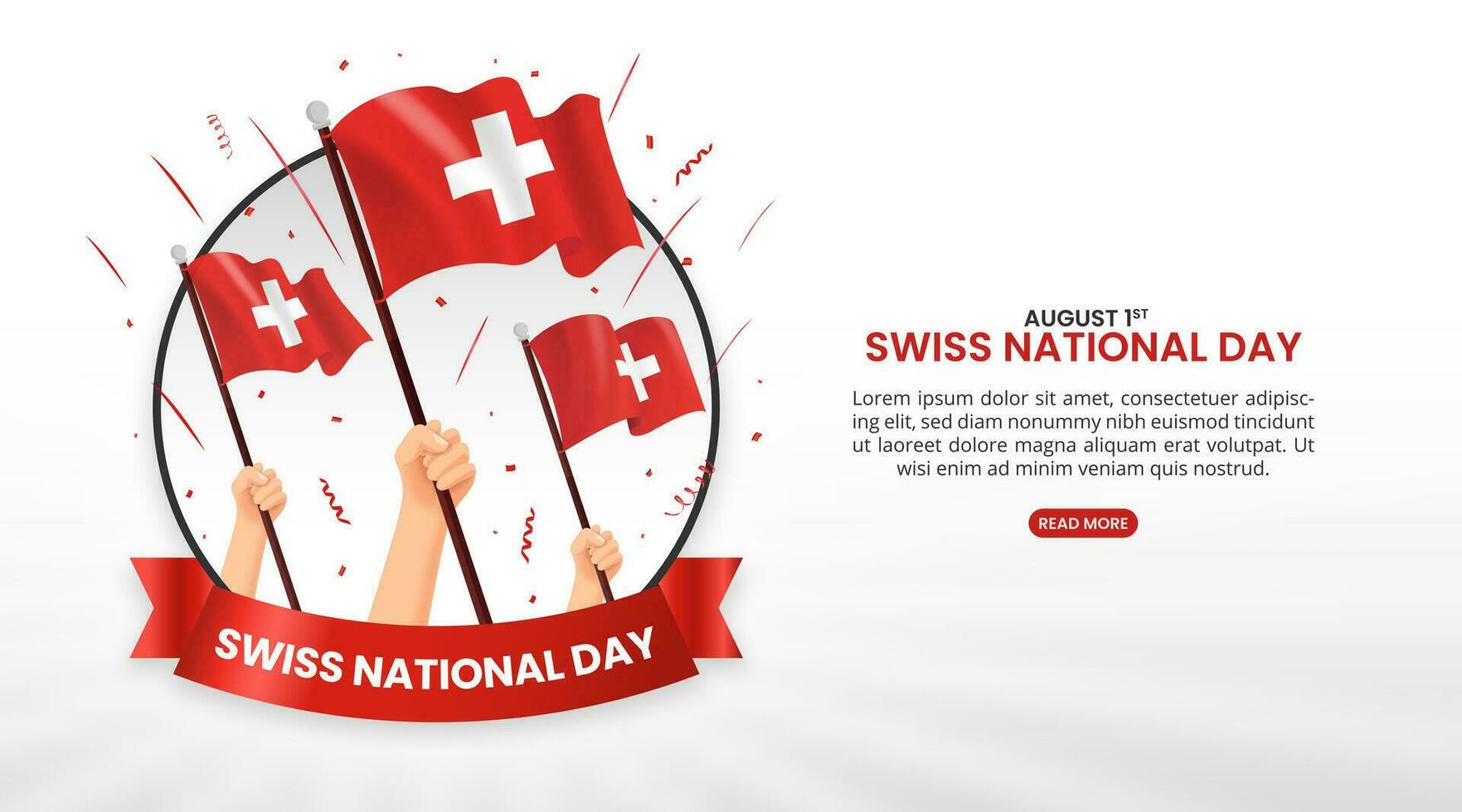 Swiss National Day background with hands and waving flags and confetti vector
