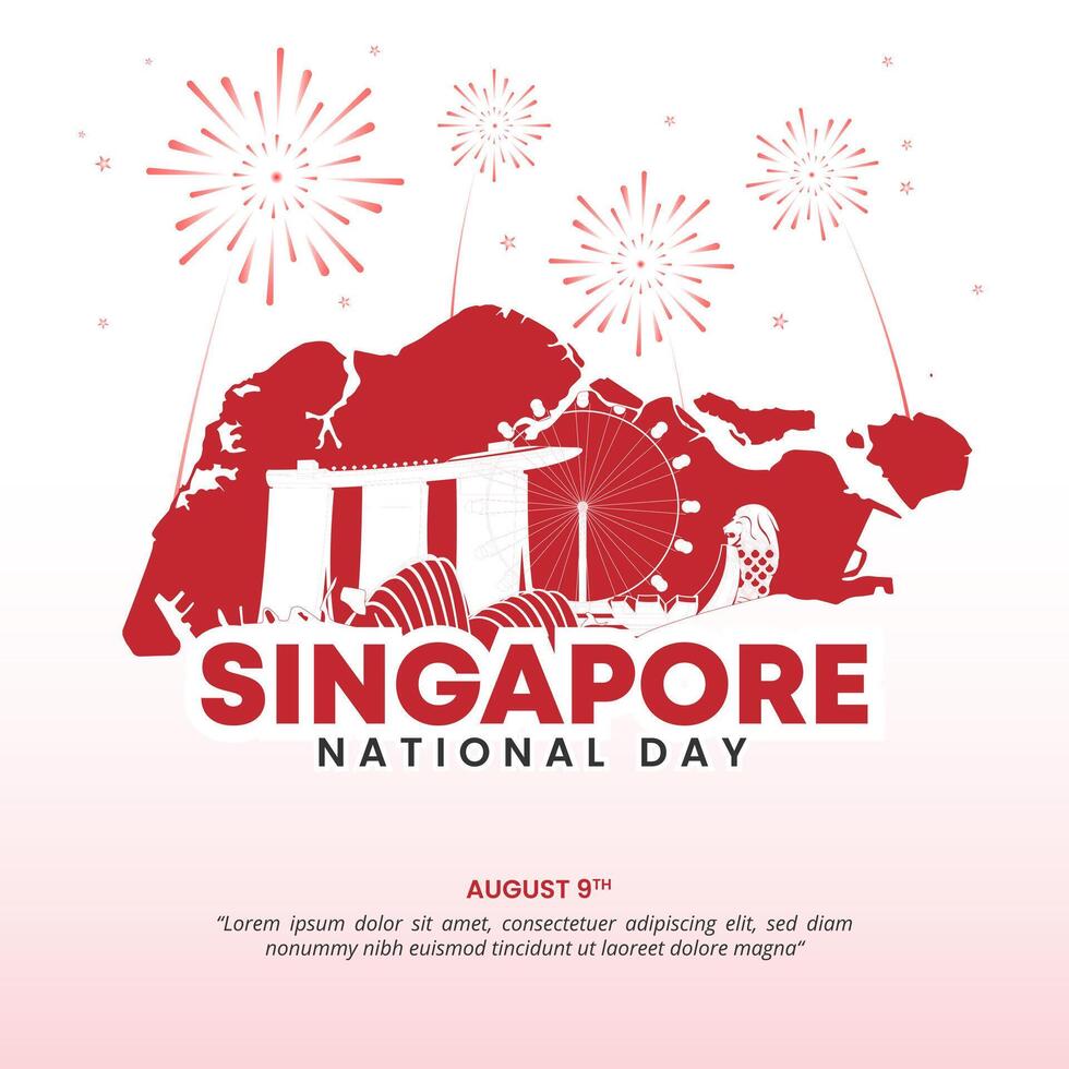 Square Singapore National Day background with a map and silhouette buildings vector