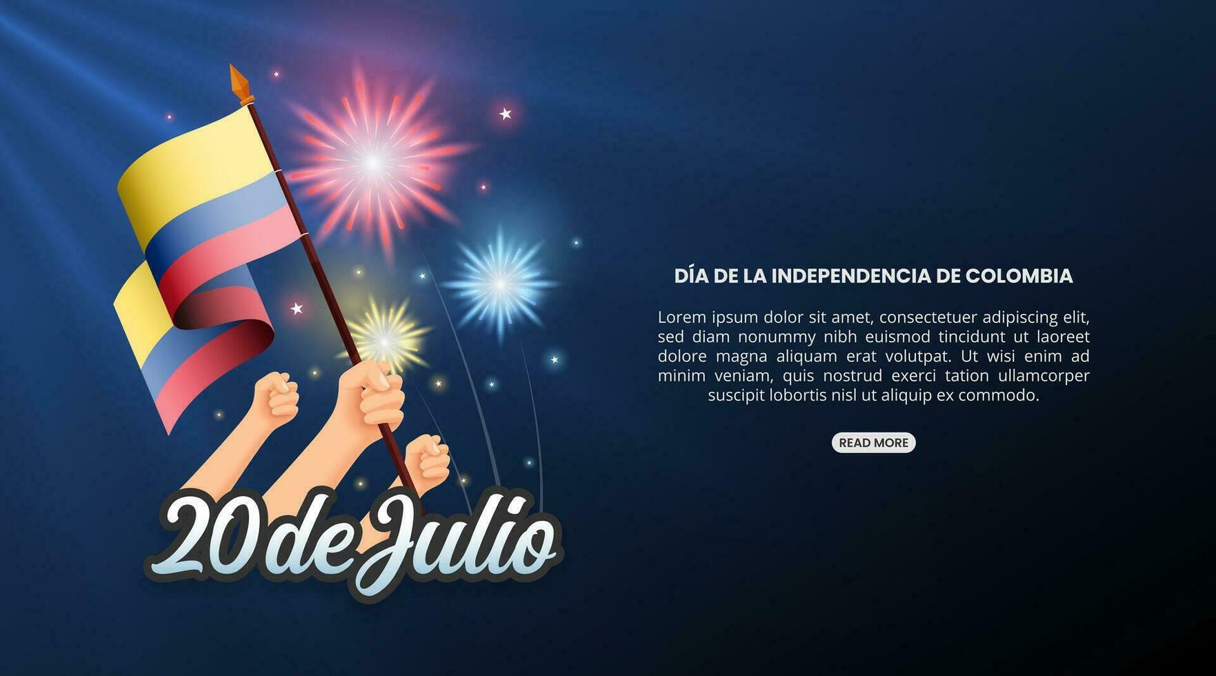 20 de Julio Dia de la Independencia de Colombia or 20th July Independence Day of Colombia background with waving flag and fireworks vector