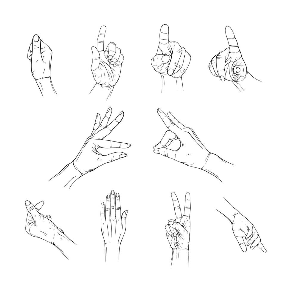 Set hand collection drawn gesture sketch vector illustration line art