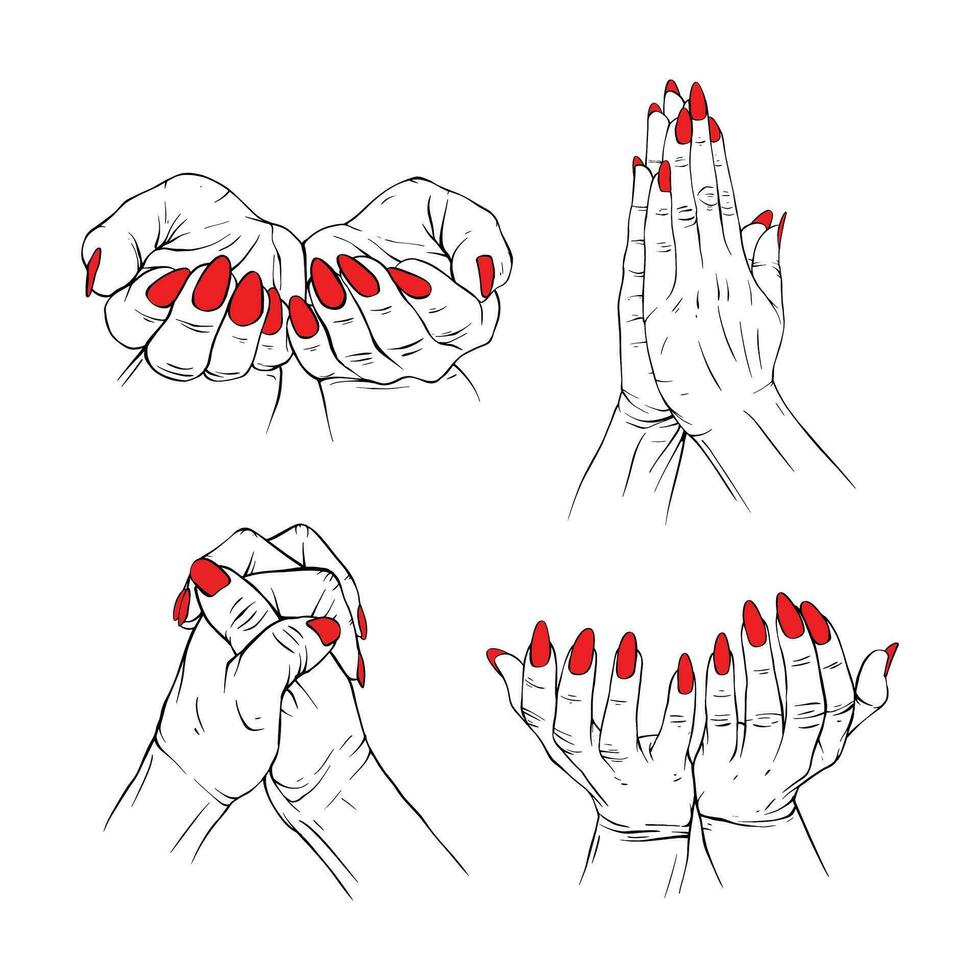 Set prayer red neils hand collection drawn gesture sketch vector illustration line art