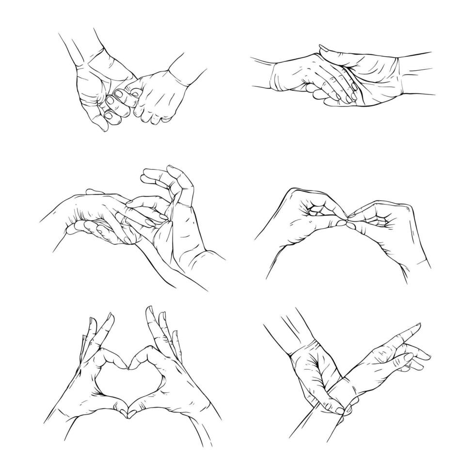 Set hand love, romance, couple, love, valentine collection drawn gesture sketch vector illustration line art