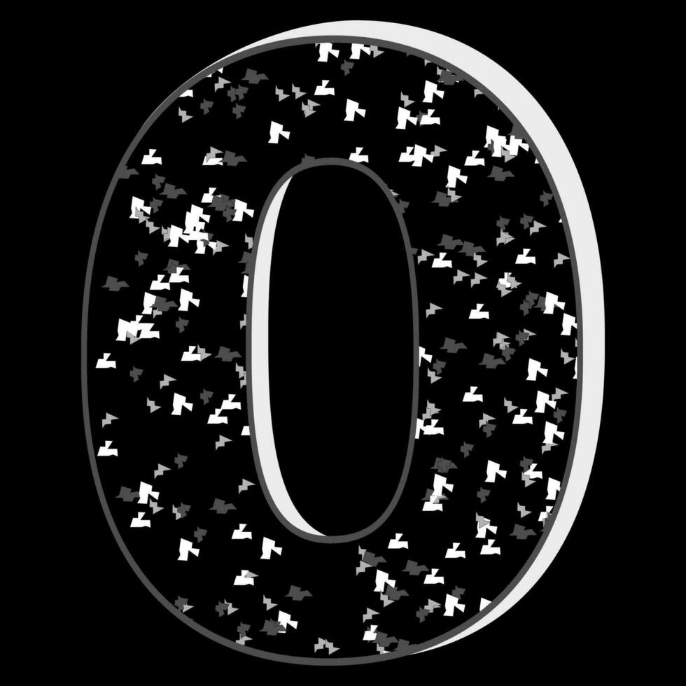 Black and white glitter pattern zero 0 number 3D on black background. vector