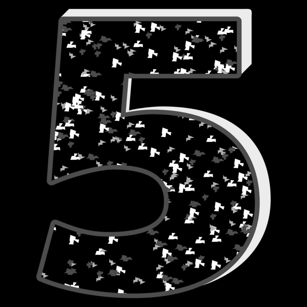 Black and white glitter pattern five 5 number 3D on black background. vector