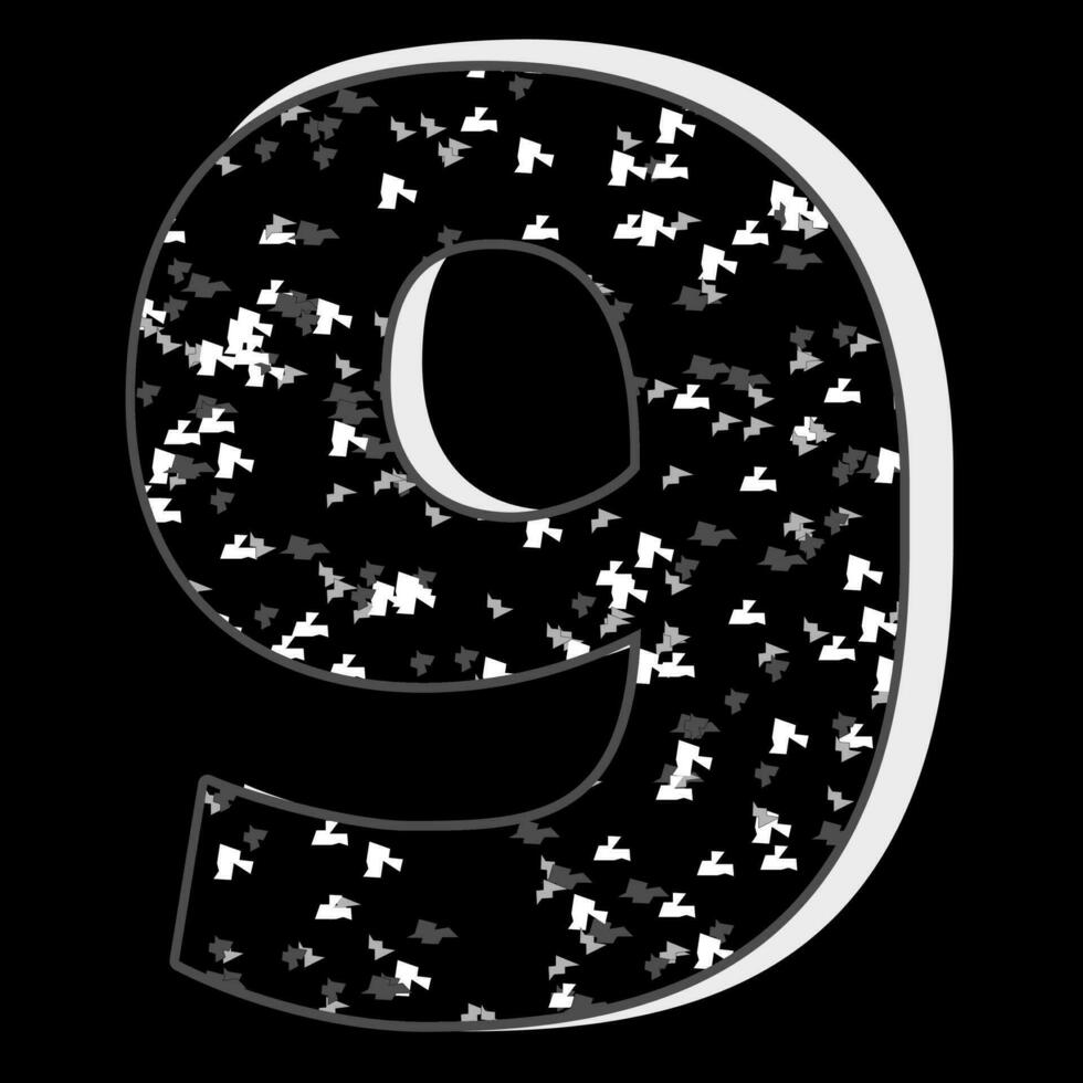 Black and white glitter pattern 9 number 3D on black background. vector