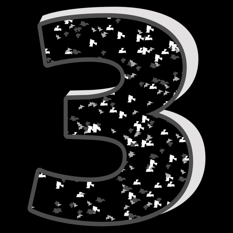 Black and white glitter pattern three 3 number 3D on black background. vector