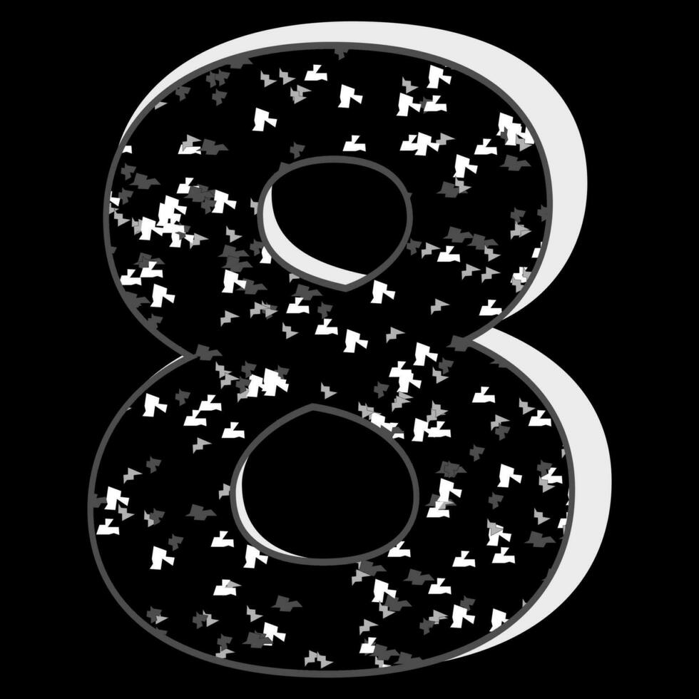 Black and white glitter pattern 8 number 3D on black background. vector