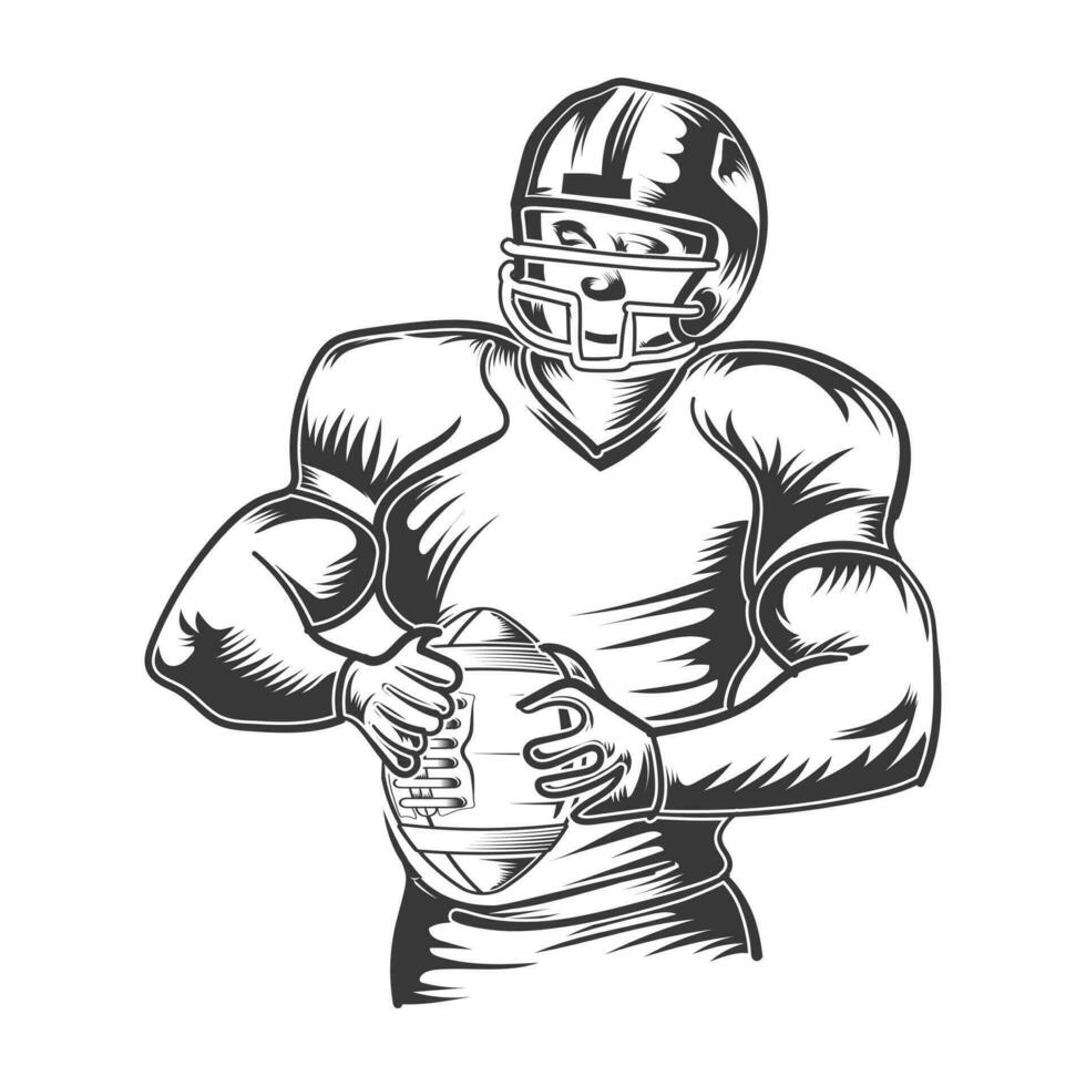 American football lineman holding a football with play style vector design.