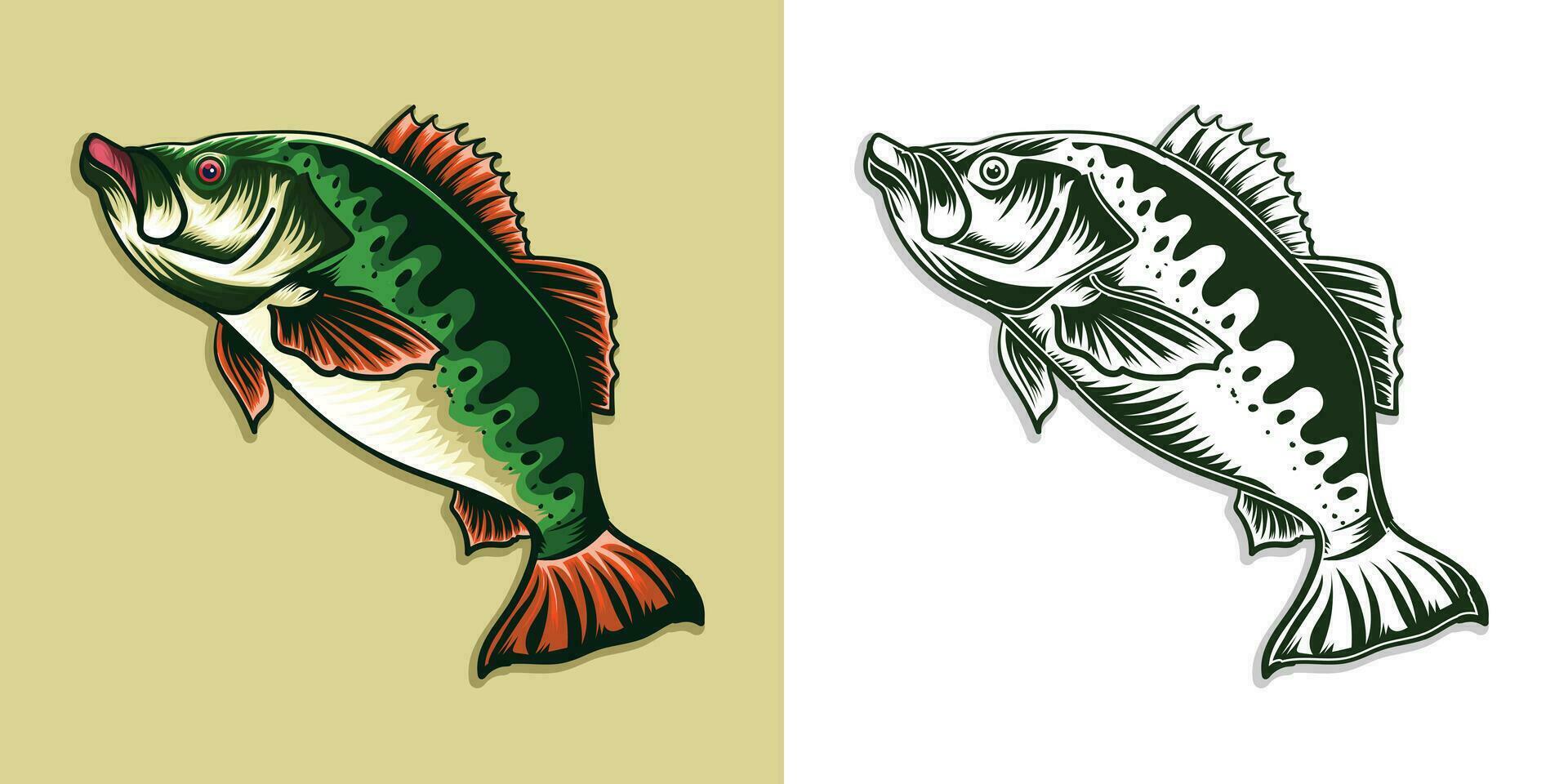 saltando grande bajo pescado vector ilustración conjunto con negro y blanco.