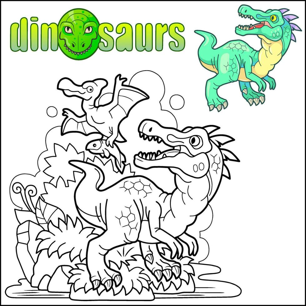 gracioso prehistórico dinosaurios, colorante libro vector