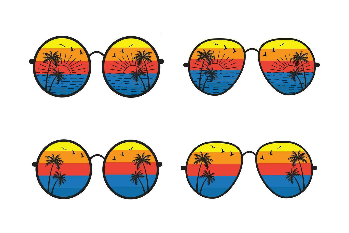 Retro beach Reflection sunglasses vector t-shirt design element, summer vacation with palm trees eyeglasses, Sunrise sunshine wave scenery, 90s distressed vintage, 70s old colorful style