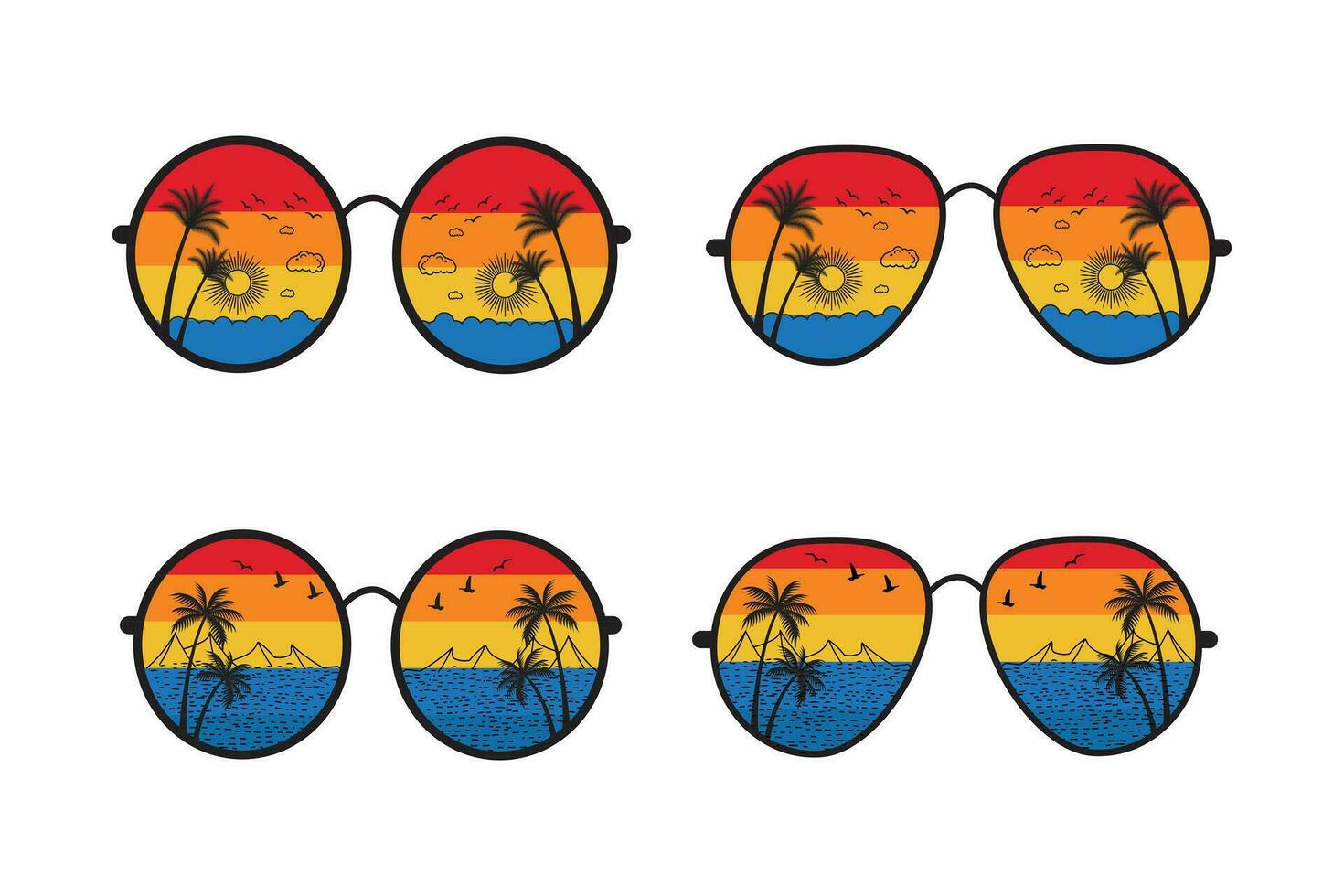 Retro beach Reflection sunglasses vector t-shirt design element, summer vacation with palm trees eyeglasses, Sunrise sunshine wave scenery, 90s distressed vintage, 70s old colorful style