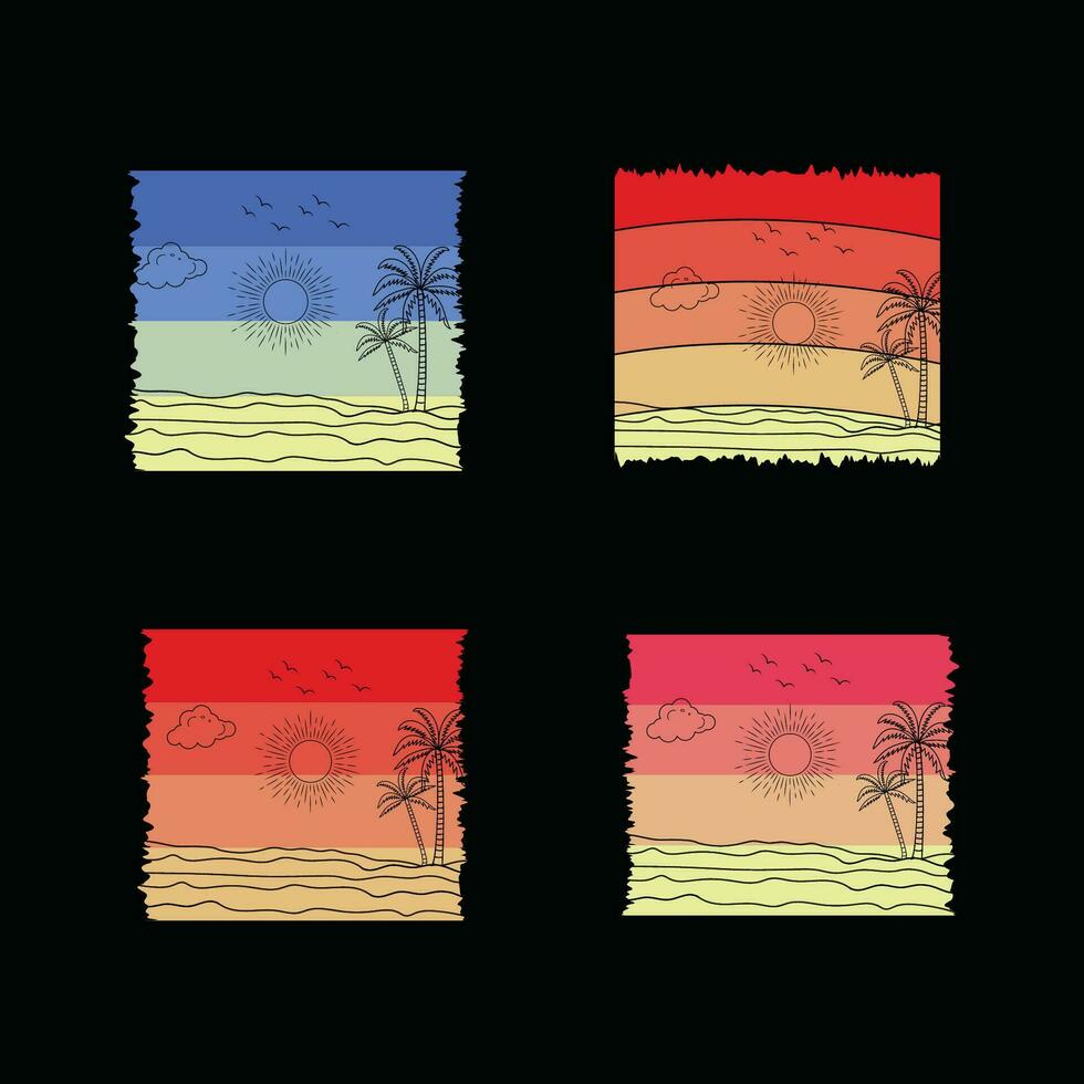 retro puesta de sol playa camiseta diseño Listo modelo gráficos vector ilustración, 90s afligido antiguo, verano vacaciones con palma arboles insignias, 70s antiguo vistoso estilo, amanecer Brillo Solar ola lona