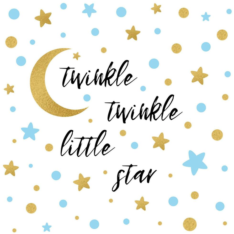 Twinkle twinkle little star text with cute gold blue star and moon for boy baby shower card template Vector illustration. Banner for children birthday design logo label sign print Inspirational quote