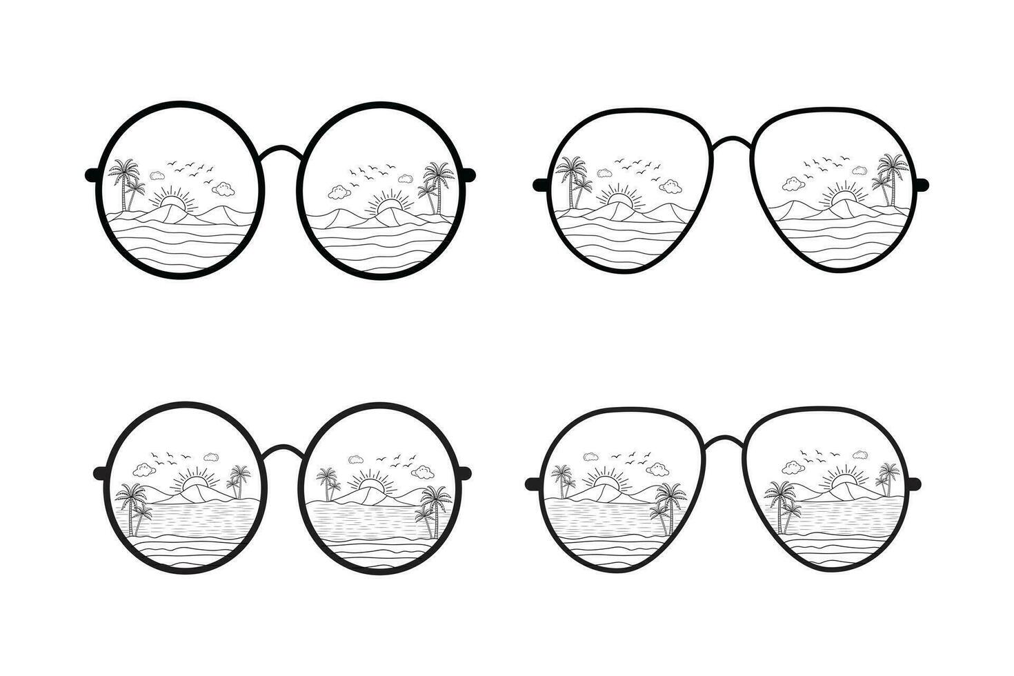 line art beach reflection sunglasses vector t-shirt design element, Sunrise sunshine wave outline style, summer vacation with palm trees eyeglasses icon, summertime fashionable Print