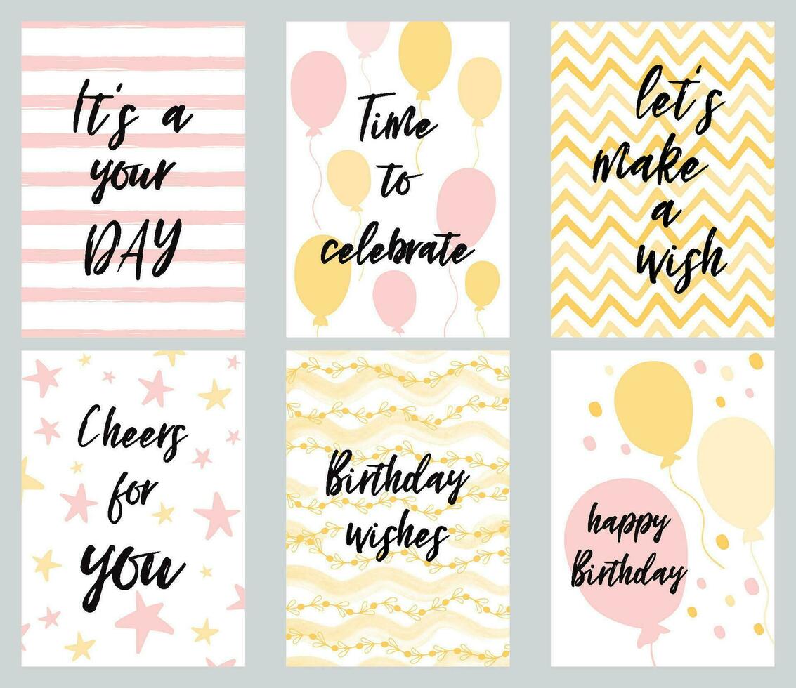 Happy birthday greeting card and party invitation templates vector illustration hand drawn style in light pink yellow colors Cute phrases quotes birthday wishes Letternig element for banners cards.