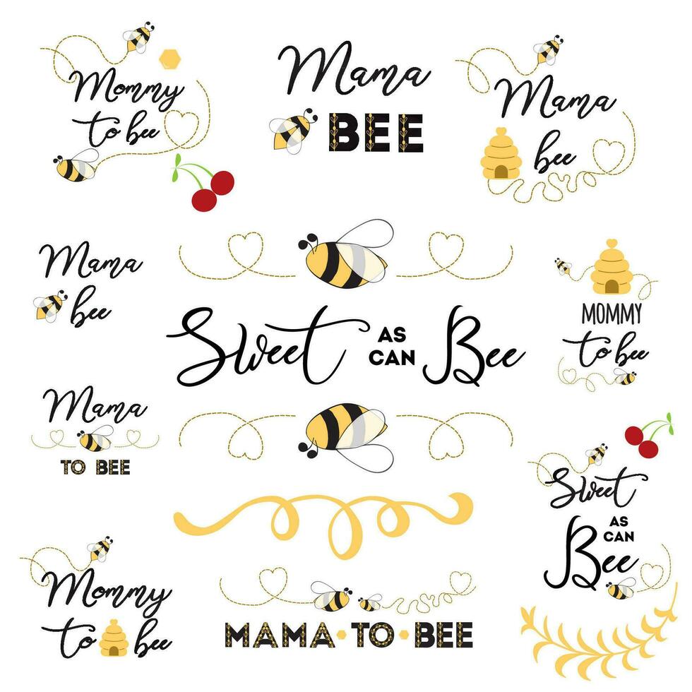 Mothers day banner logos icons label tags badge set with text Mama bee with cute hand drawn bee honey sweet heart Mommy to be card sign poster print Vector illustration for mam birthday anniversary.