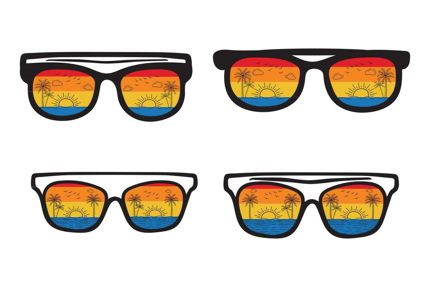 retro playa reflexión Gafas de sol vector camiseta diseño elemento, verano vacaciones con palma arboles los anteojos, amanecer Brillo Solar ola escenario, 90s afligido antiguo, 70s antiguo vistoso estilo