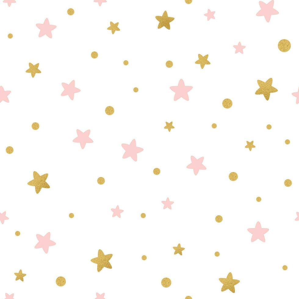 Light seamless pattern decorated golden and pink stars on white. Vector illustration for xmas wallpaper, wrap, fabric, textile, cloth or package design. Baby shower background or invitation template