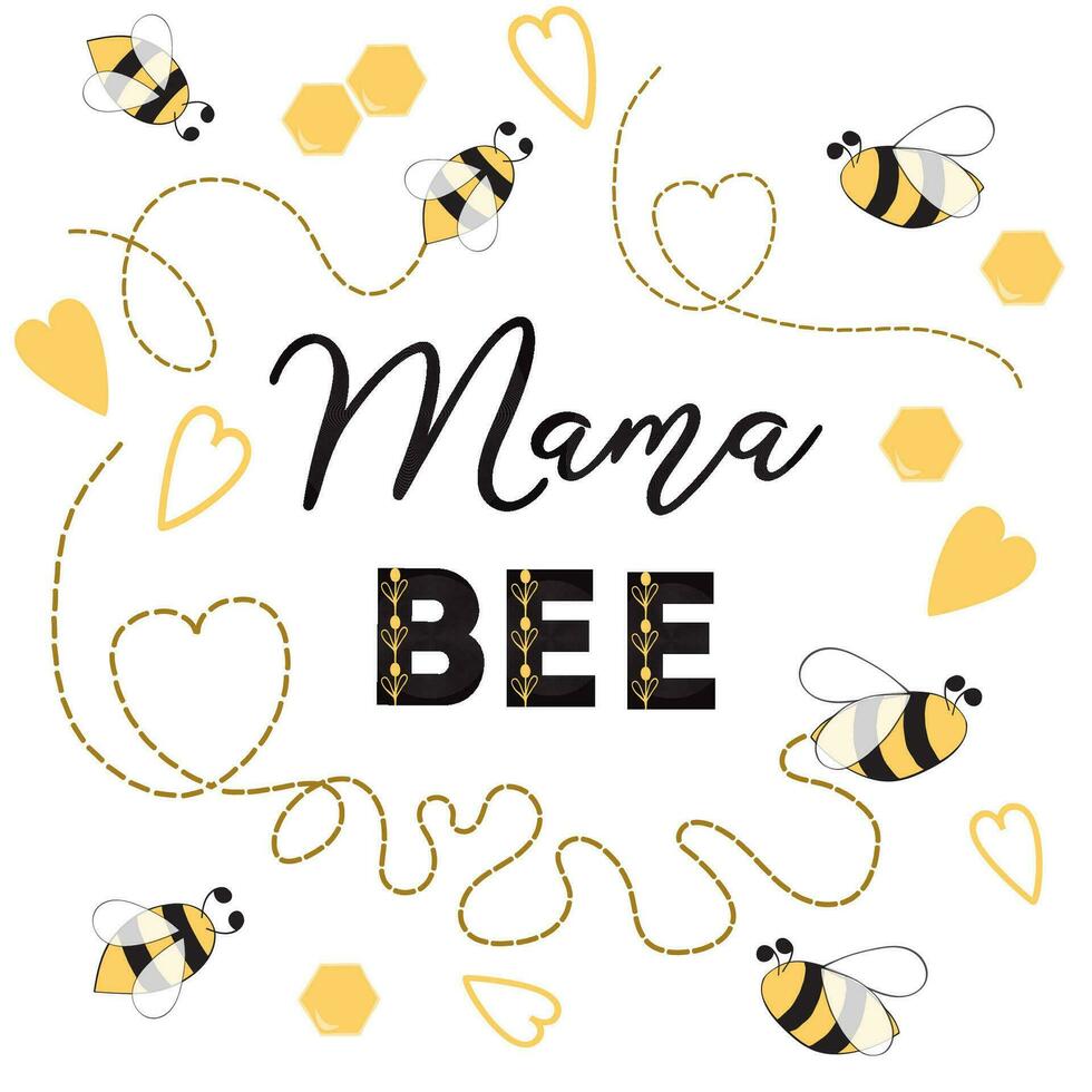 bebé ducha invitación modelo con texto mamá abeja decorado abeja, corazón colmena linda tarjeta diseño para muchachas Niños con abejas. vector ilustración. bandera para madres día felicidades logo símbolo firmar