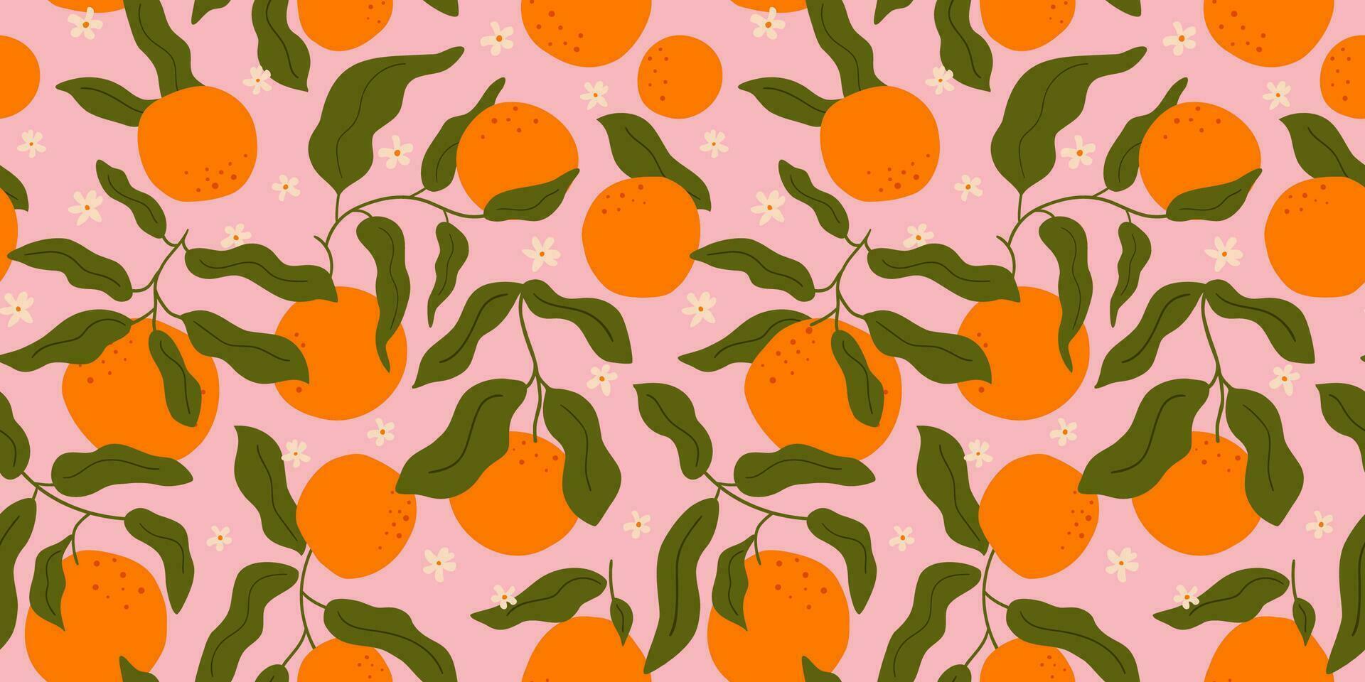 Orange fruit seamless pattern in abstract Matisse style. Tropical summer fruit on pink background. Citrus, curve leaves, tiny flowers print. Hand drawn vector fabric design, summer textile, wallpaper.