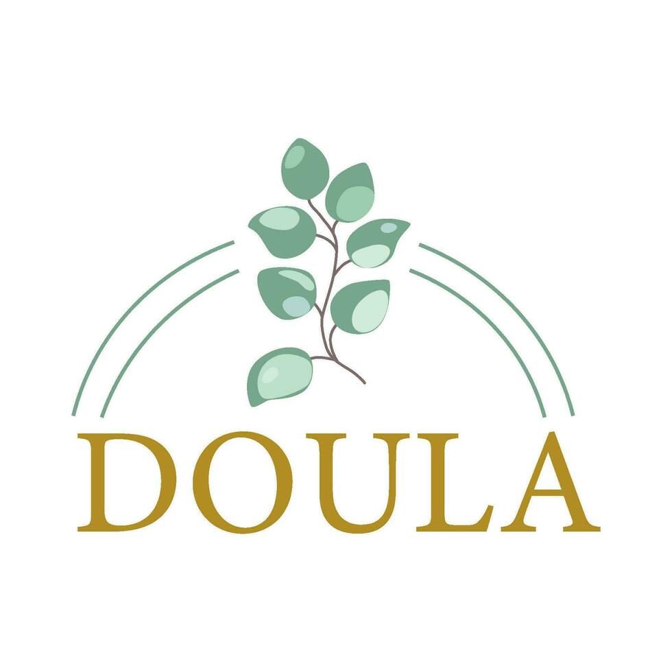 Doula lettering phrase or vector logo illustration with eucalyptus leaf, childbirth partner. Gentle design element isolated on white for cards, banners and flyers. Midwife