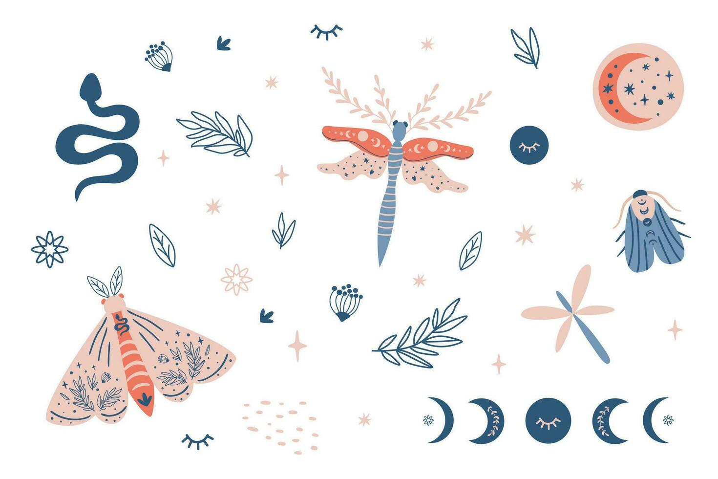 Moon moth clipart, celestial butterfly, moth, moon phases kids set, snake, insects, botany leaves elements, stars and moon cute magic illustration, vector design stiker on white. Hand drawn pink moth.