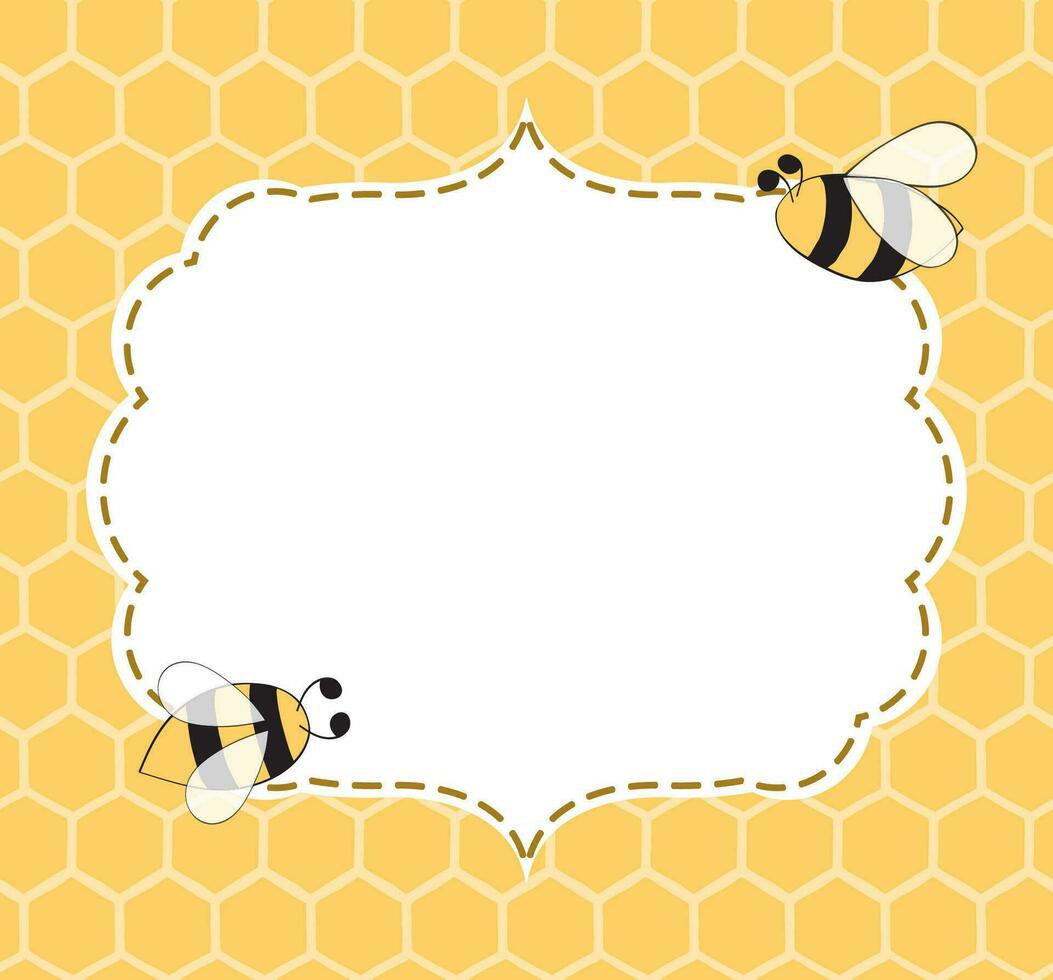 Vector Illustration of a Natural Background with Honeycombs, Bees, hand drawn frame made in yellow colorsin cute vintage style with place for text