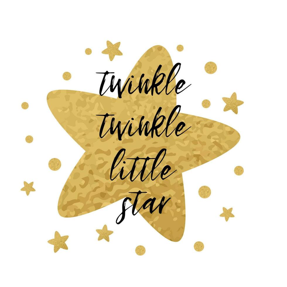 Twinkle twinkle little star text with cute golden stars for girl baby shower card template. Vector illustration. Banner for children birthday design, logo, label, sign, print. Inspirational quote