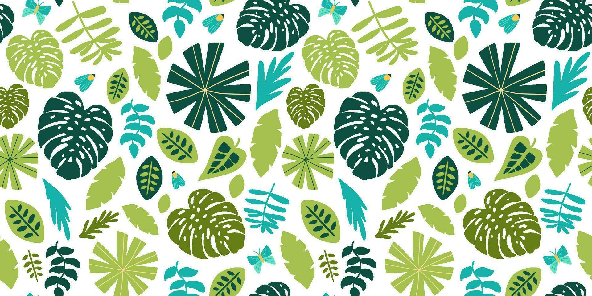 Green jungle floral seamless pattern. Tropical leaves, palm leaves, safari nature background. Vector rainforest repeat background with monstera leaf illustration. Summer vibes wallpaper design.