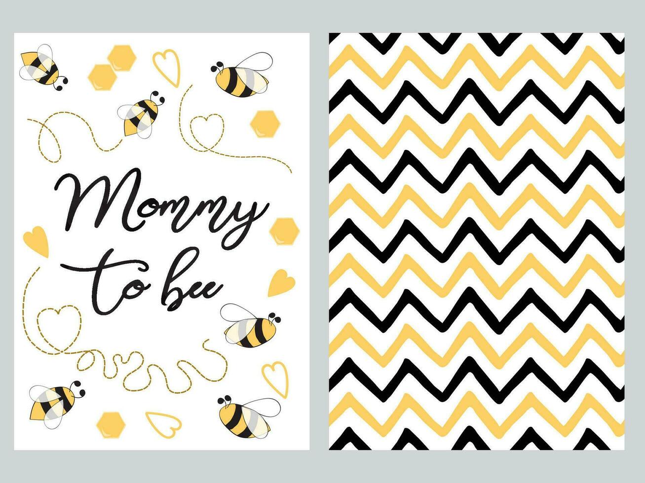 Mothers day banner design set with text Mommy to bee with cute hand drawn bee, zig zag template background love card sign poster logo label print isolated on white Vector illustration black and yellow