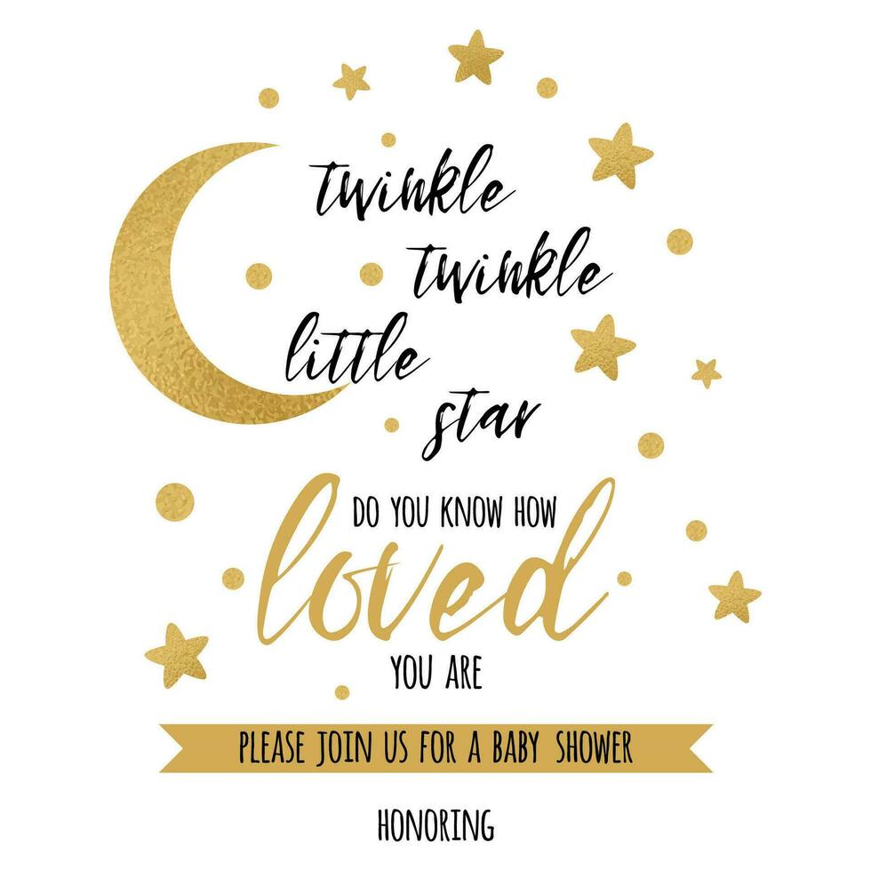 Twinkle twinkle little star text with cute gold star and moon for girl baby shower card template Vector illustration. Banner for children birthday design, logo, label, sign, print. Inspirational quote