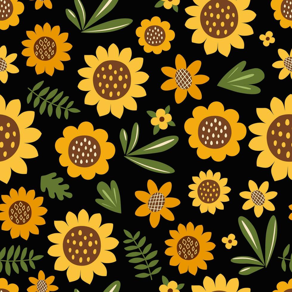 girasol sin costura modelo en negro antecedentes. contento otoño repetir imprimir, tela, fondo de pantalla. amarillo otoño flores y hojas. mano dibujado botánico ilustración, naturaleza textil diseño vector