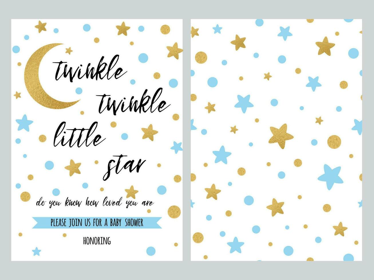 Baby Shower Invitation Template with sparkle gold blue stars, background. Gentle twinkle banner for children birthday party, congratulation, invitation. Vector illustration logo, sign label set
