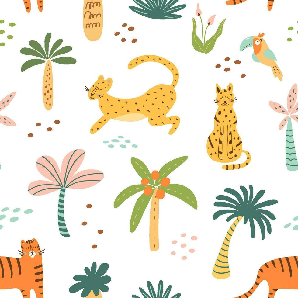 Cute palm tree and jungle animals seamless pattern. Tiger, jaguar, leopard. Vector tropical trees repeat background. Baby safari wallpaper, print, summer textile design. Hand drawn funny animals.