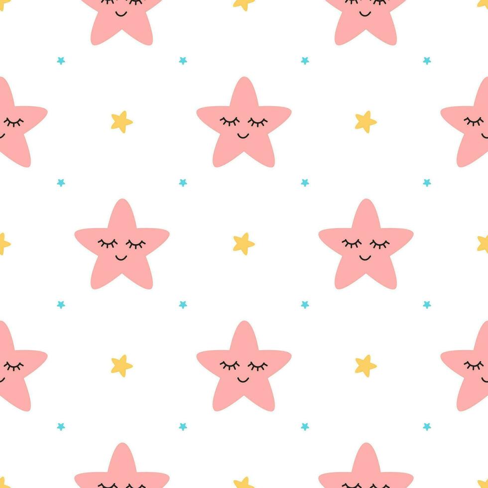 Vector seamless pattern sleeping pink stars on white backgound Cute children baby shower fabric design. Vector illustration for kids wallpaper wrap textile cloth package design. Smiling stars.