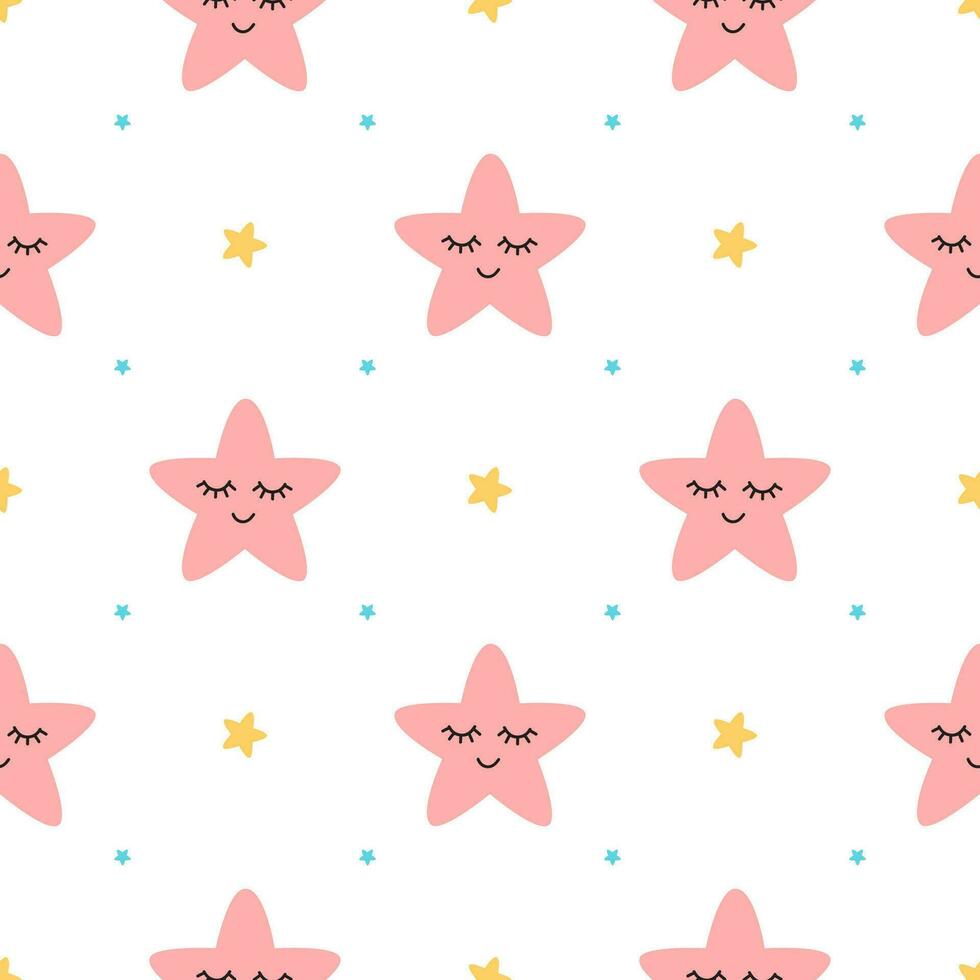 Vector seamless pattern sleeping pink stars on white backgound Cute children baby shower fabric design. Vector illustration for kids wallpaper wrap textile cloth package design. Smiling stars.